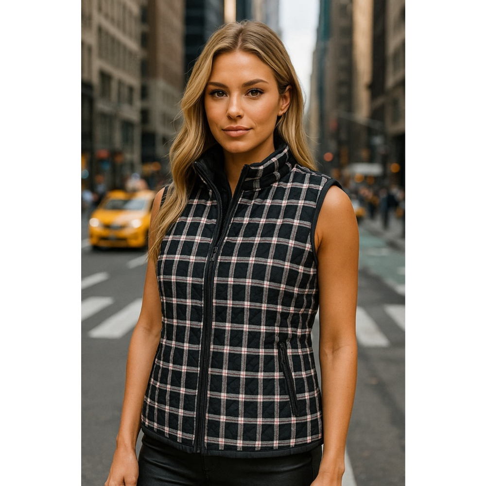 Croft & Barrow Vest Black Red White Plaid Quilted Zip XL Preppy Americana Winter